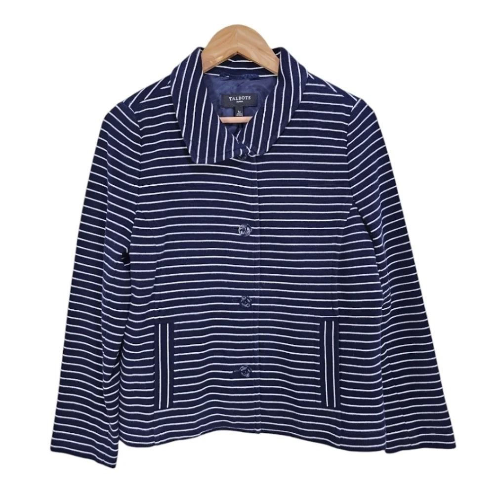 Talbots Cotton Blend Striped 3 Button Down Casual Blazer Navy White Size LP